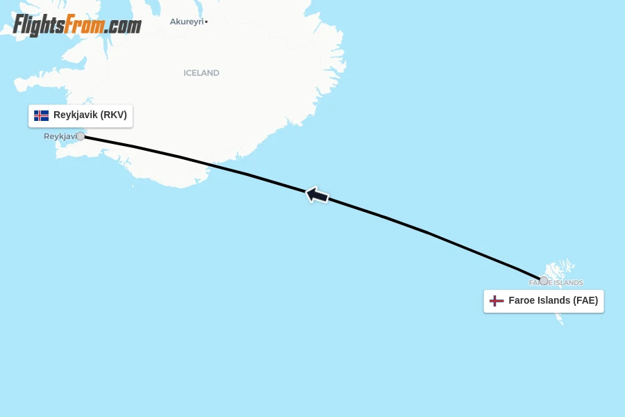 Flights from Faroe Islands to Reykjavik route map