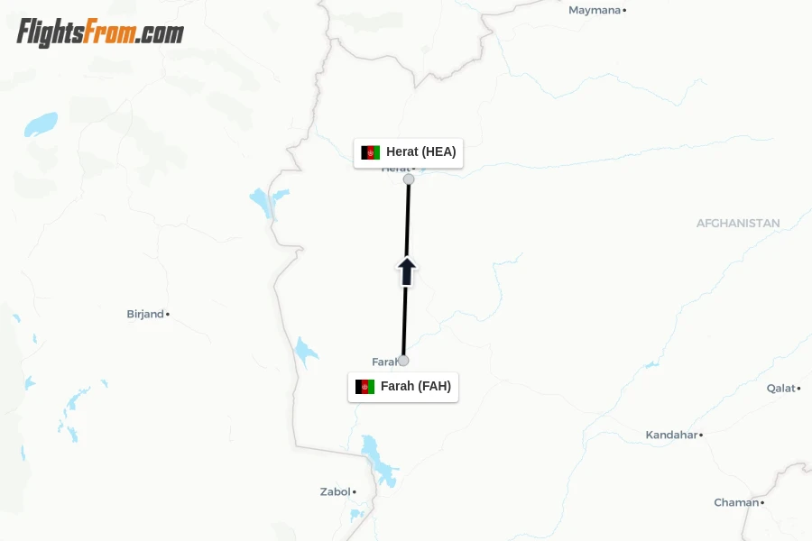 Flights from Farah to Herat route map
