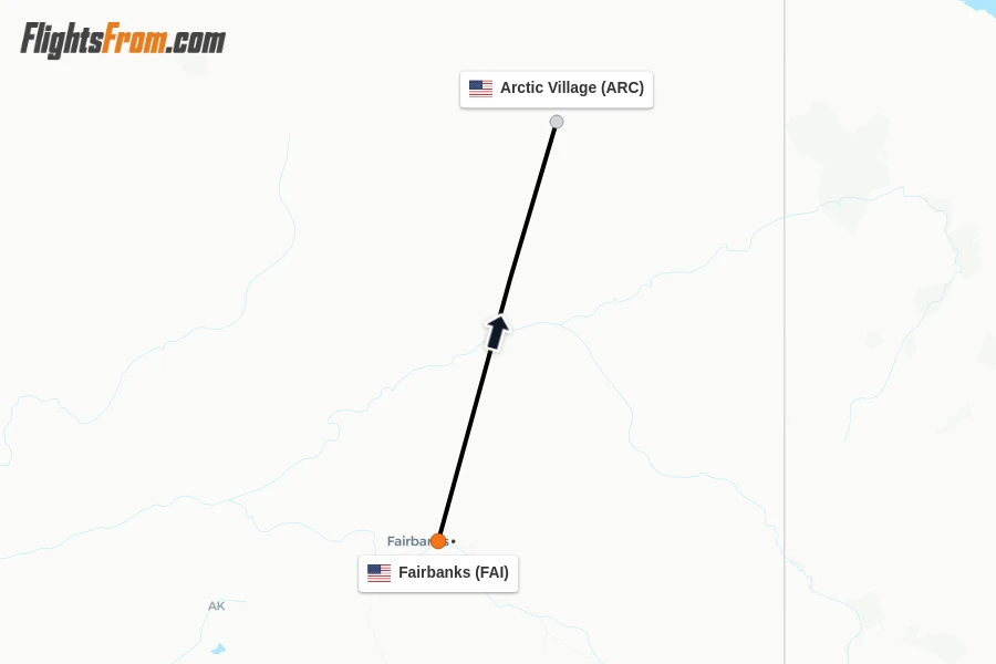 Flights from Fairbanks to Arctic Village route map