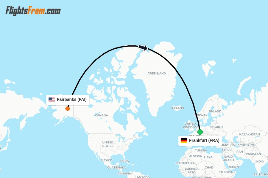 Flights from Fairbanks to Frankfurt route map
