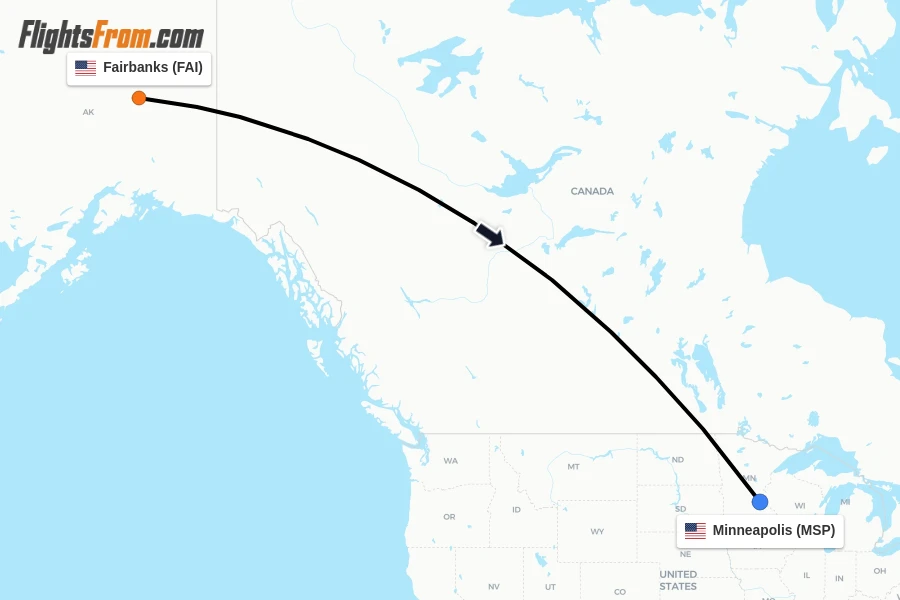 Flights from Fairbanks to Minneapolis route map
