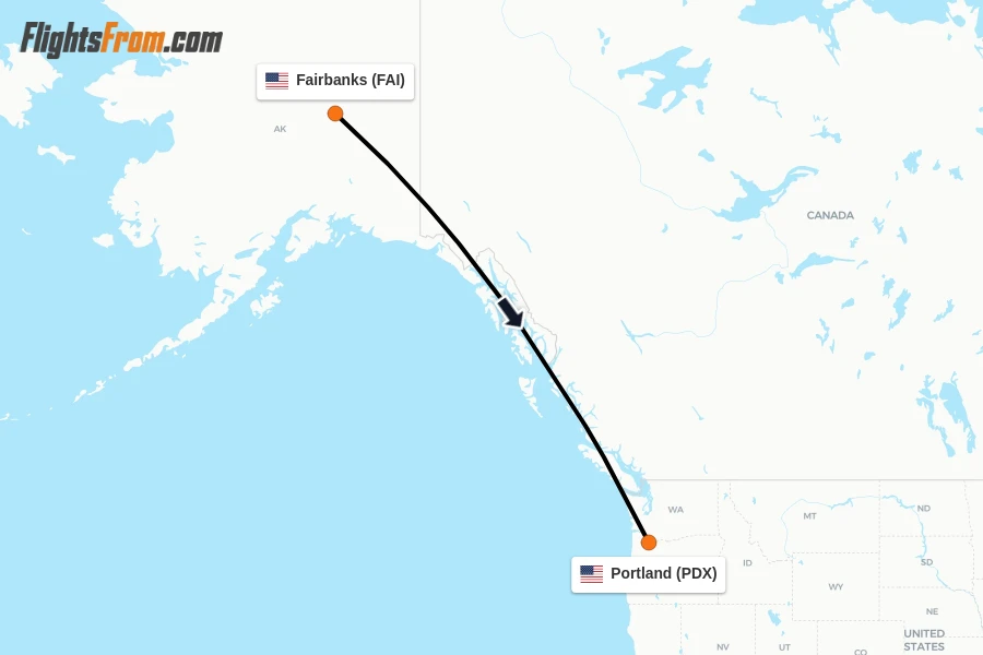 Flights from Fairbanks to Portland route map