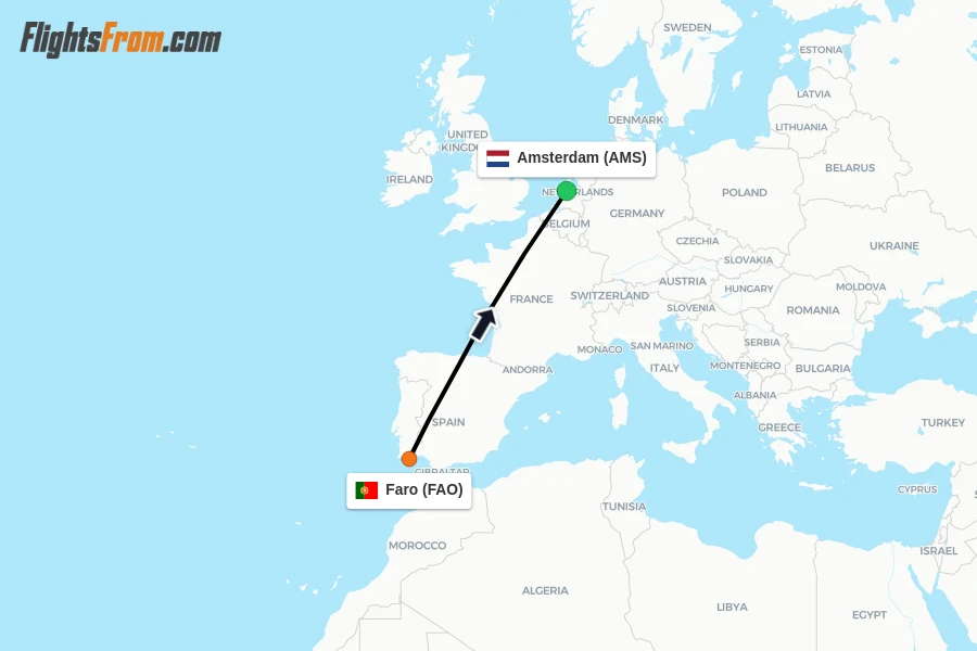 Flights from Faro to Amsterdam route map