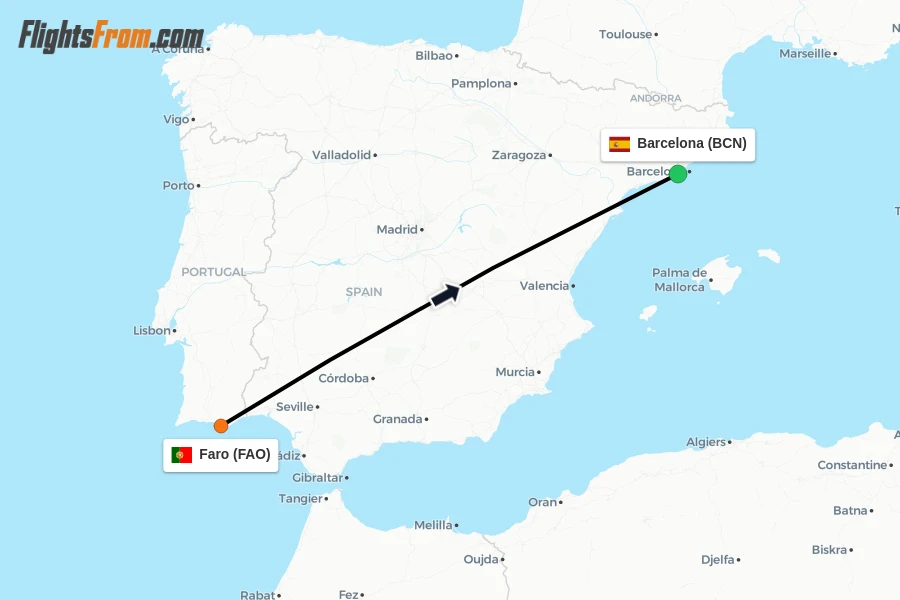 Flights from Faro to Barcelona route map