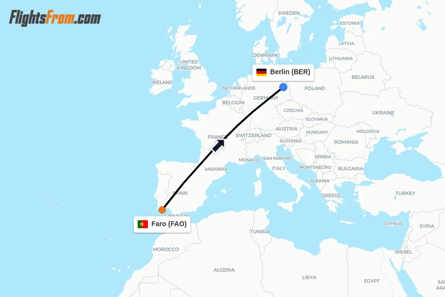 Flights from Faro to Berlin route map