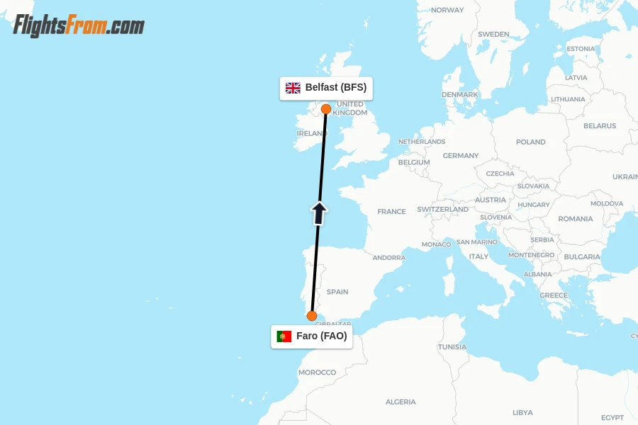 Flights from Faro to Belfast route map