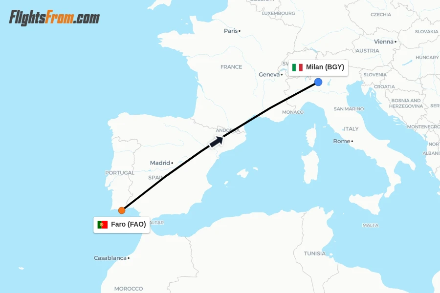 Flights from Faro to Milan route map