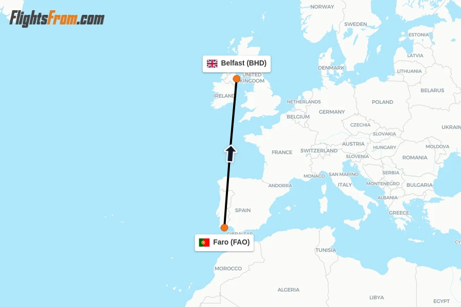 Flights from Faro to Belfast route map