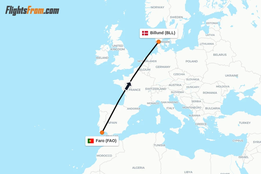 Flights from Faro to Billund route map