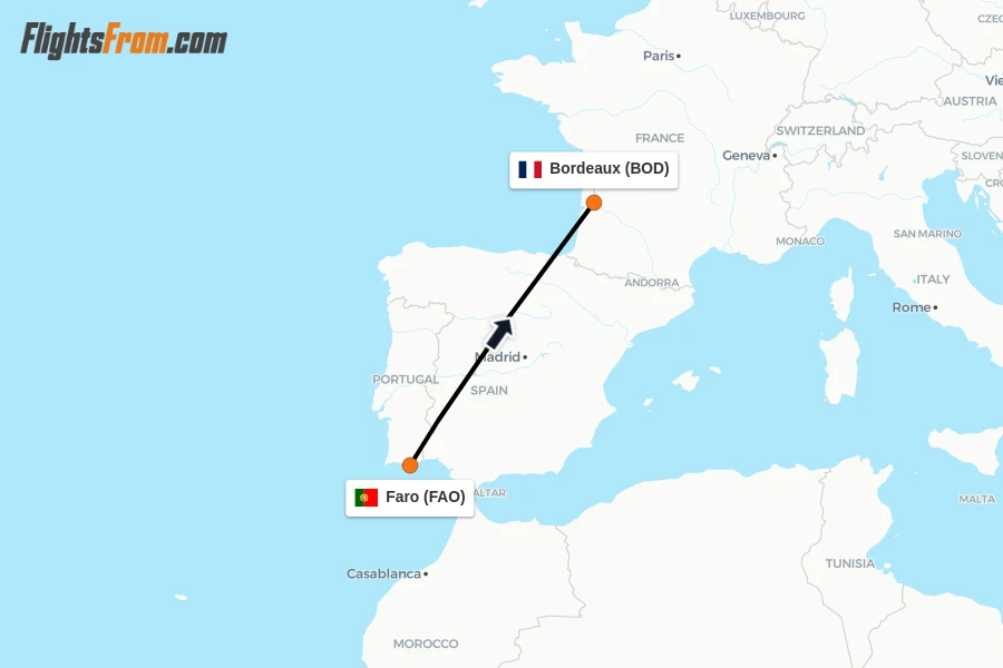 Flights from Faro to Bordeaux route map