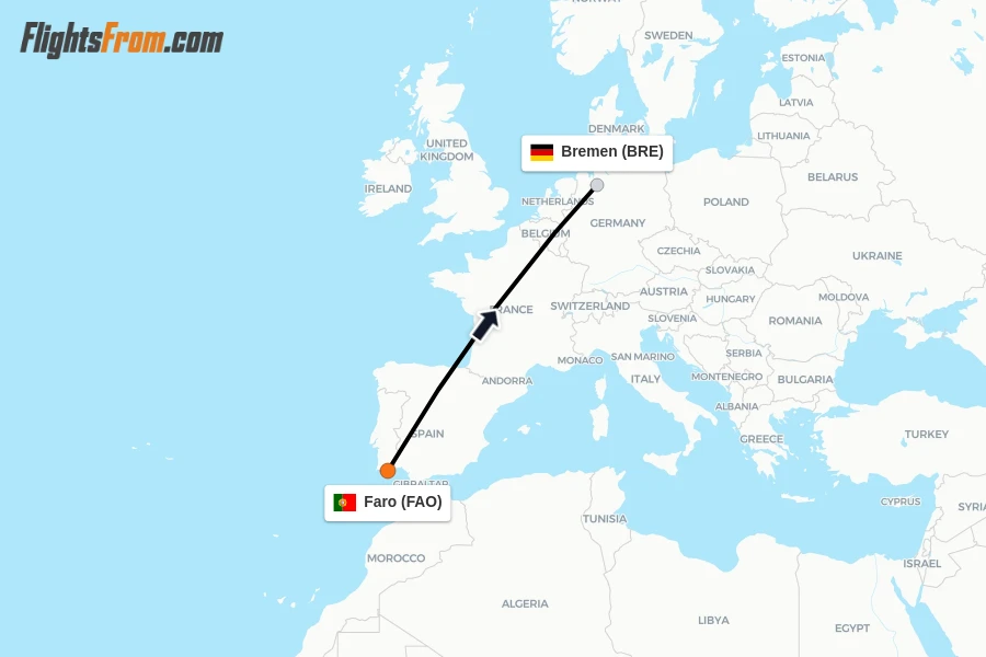 Flights from Faro to Bremen route map