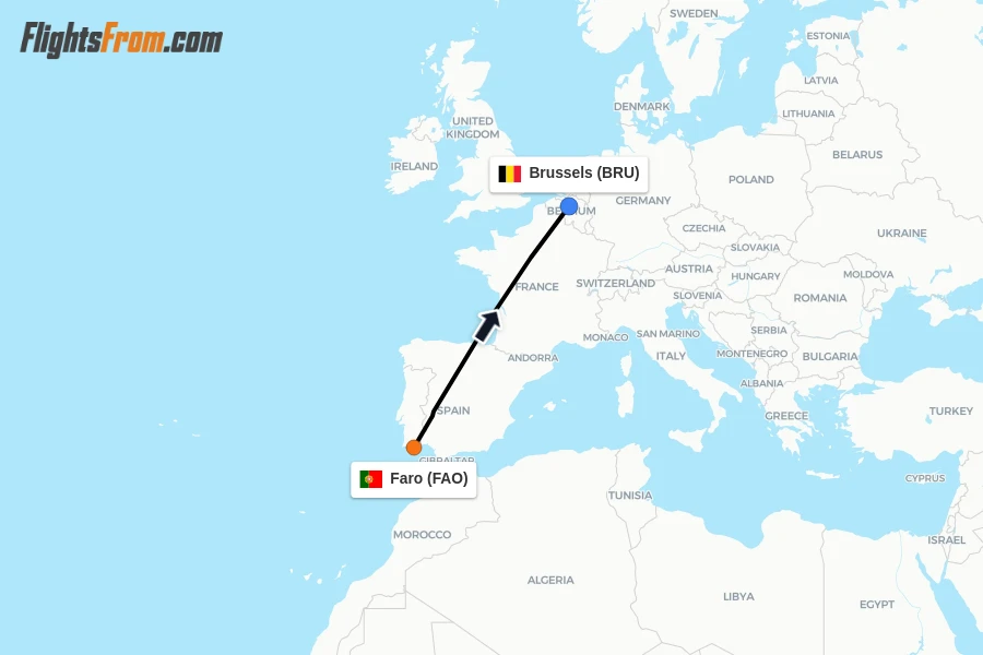 Flights from Faro to Brussels route map