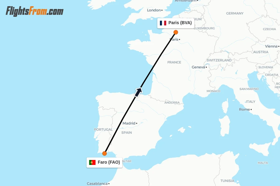 Flights from Faro to Paris route map