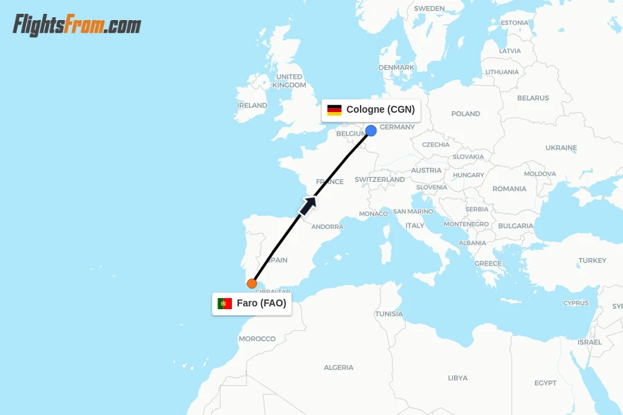 Flights from Faro to Cologne route map