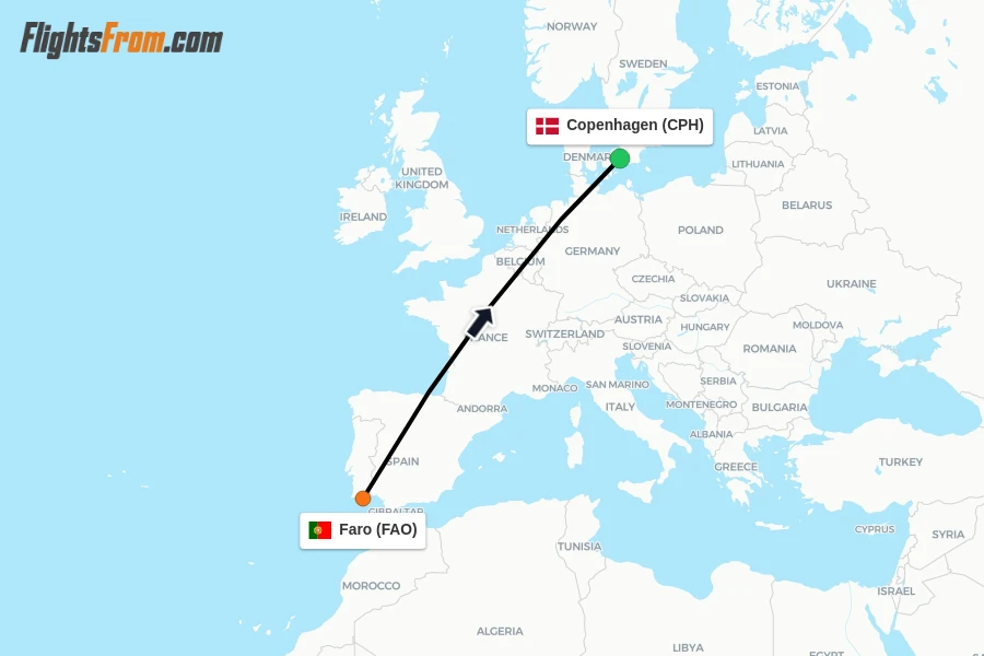 Flights from Faro to Copenhagen route map