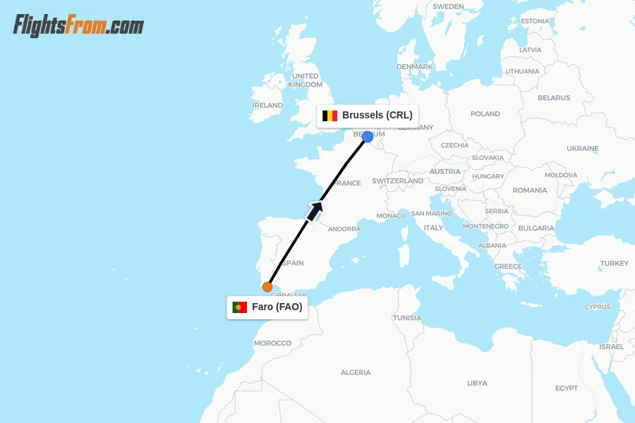 Flights from Faro to Brussels route map