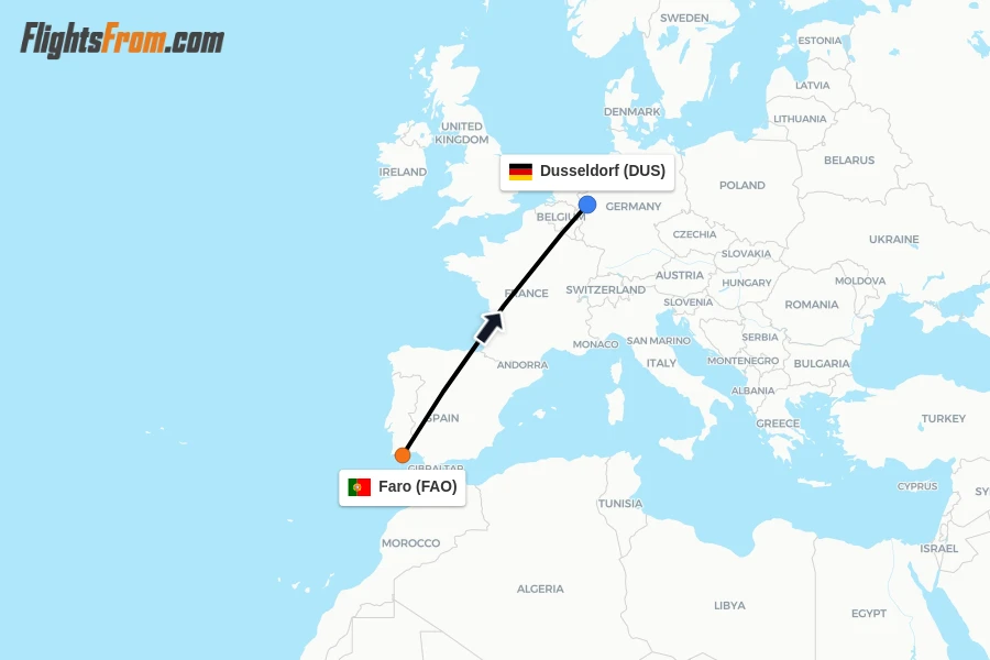 Flights from Faro to Dusseldorf route map