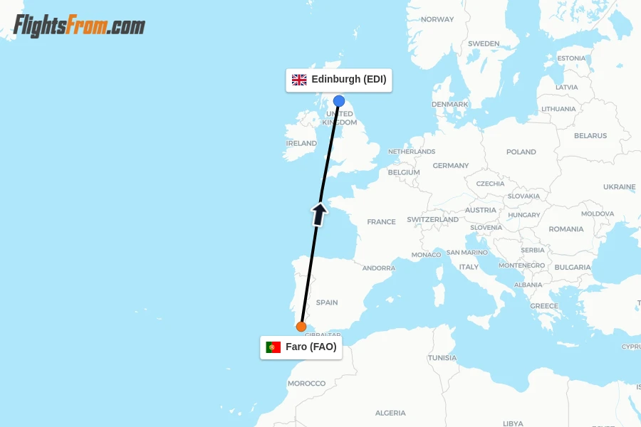 Flights from Faro to Edinburgh route map
