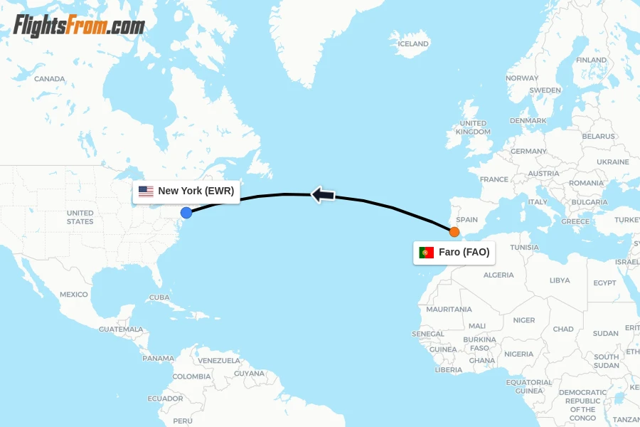 Flights from Faro to New York route map