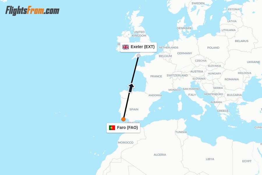 Flights from Faro to Exeter route map