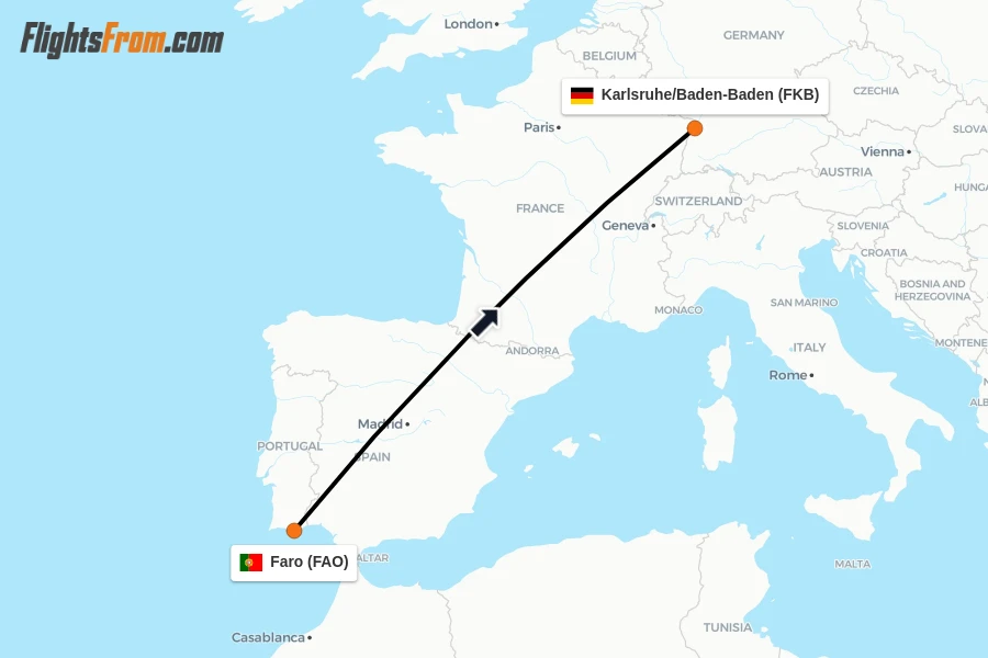 Flights from Faro to Karlsruhe/Baden-Baden route map