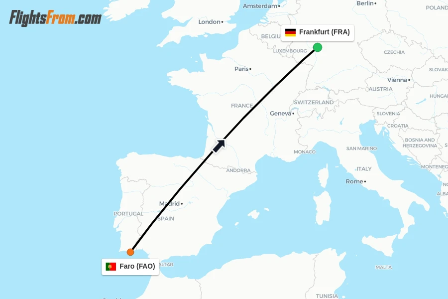 Flights from Faro to Frankfurt route map