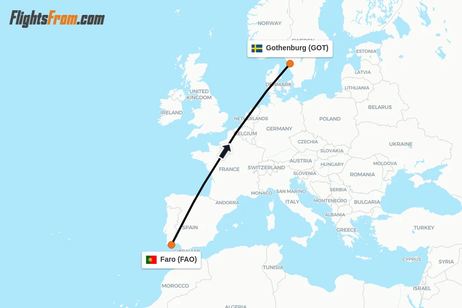Flights from Faro to Gothenburg route map