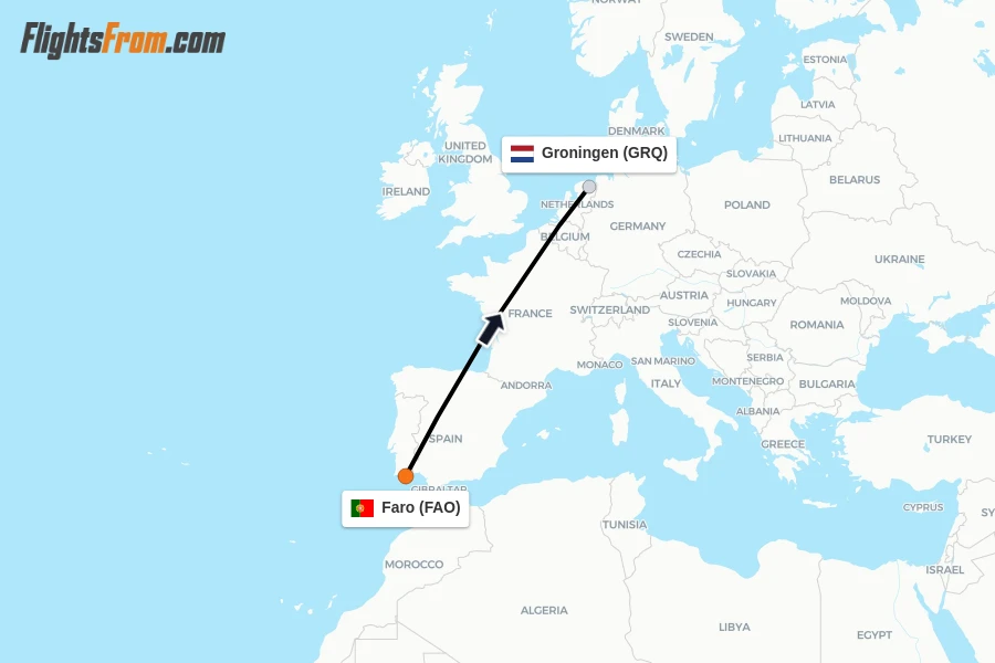 Flights from Faro to Groningen route map