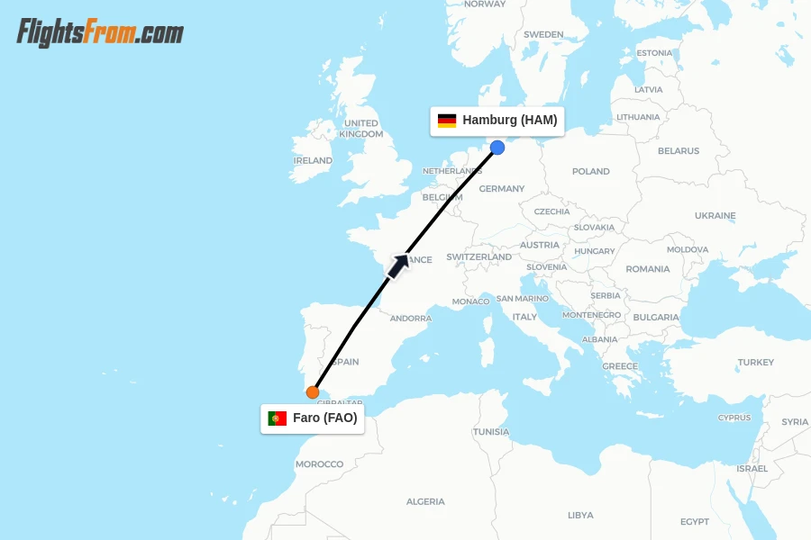 Flights from Faro to Hamburg route map