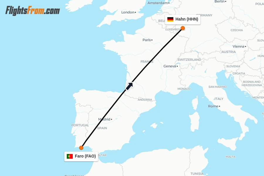 Flights from Faro to Hahn route map