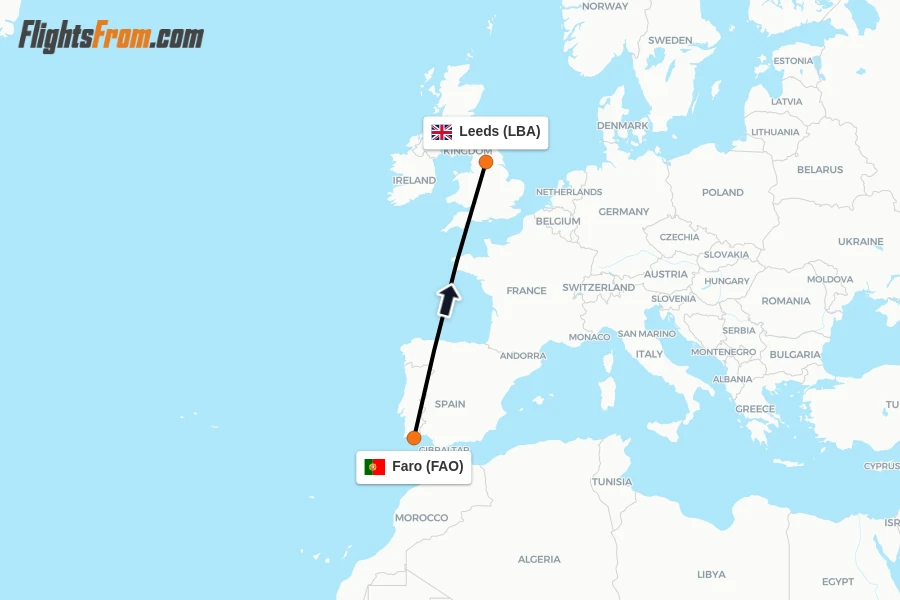Flights from Faro to Leeds route map