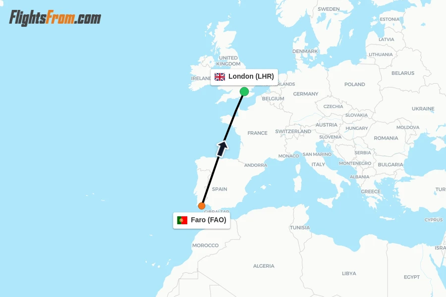 Flights from Faro to London route map