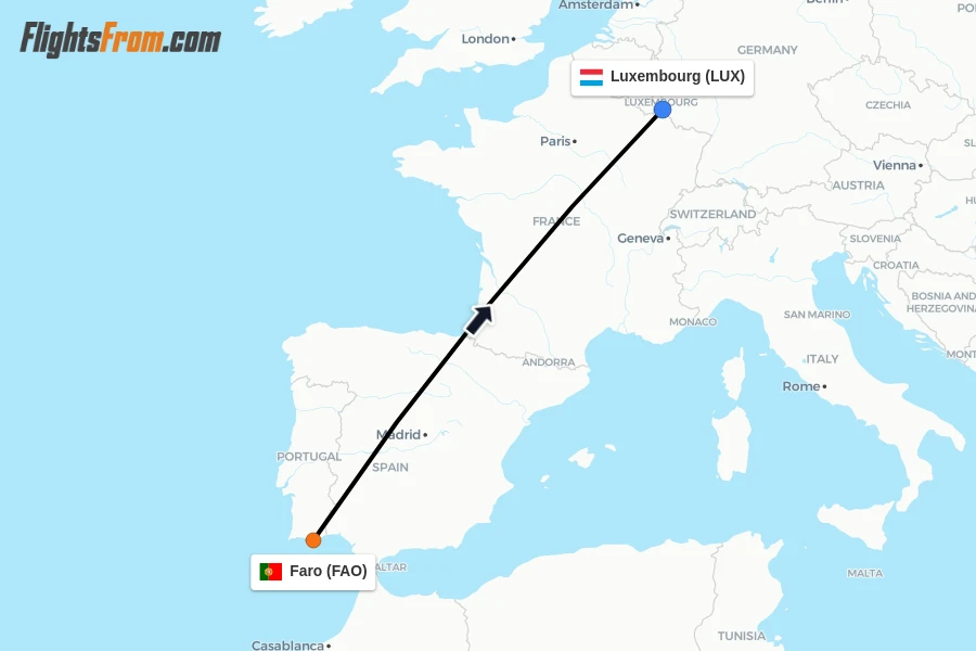 Flights from Faro to Luxembourg route map