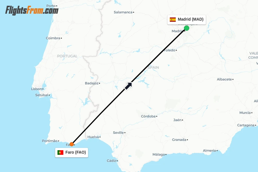 Flights from Faro to Madrid route map