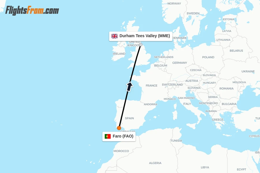 Flights from Faro to Durham Tees Valley route map