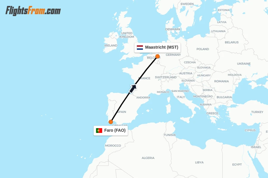 Flights from Faro to Maastricht route map