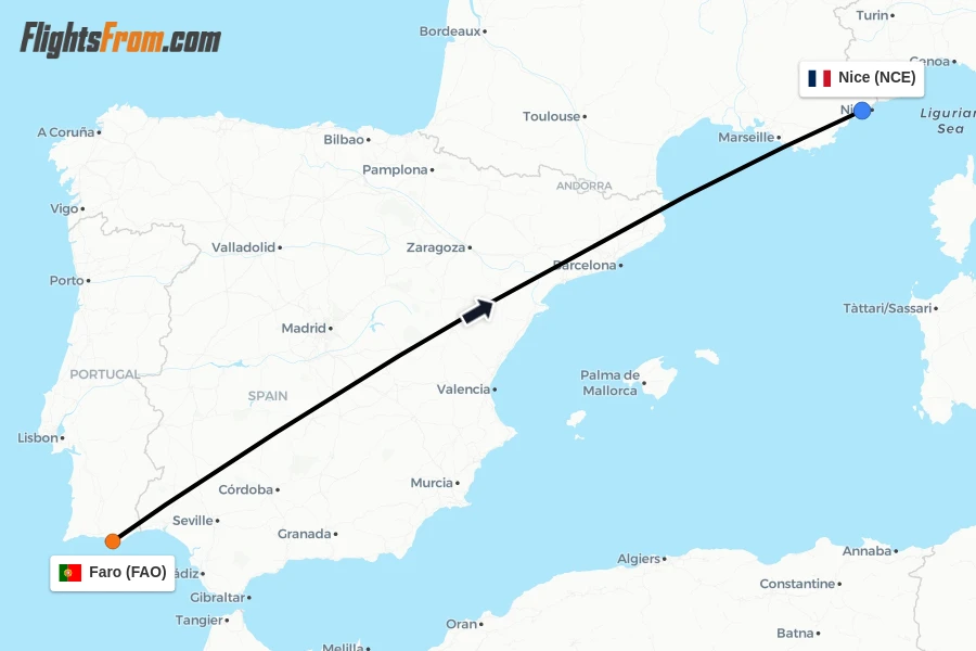 Flights from Faro to Nice route map