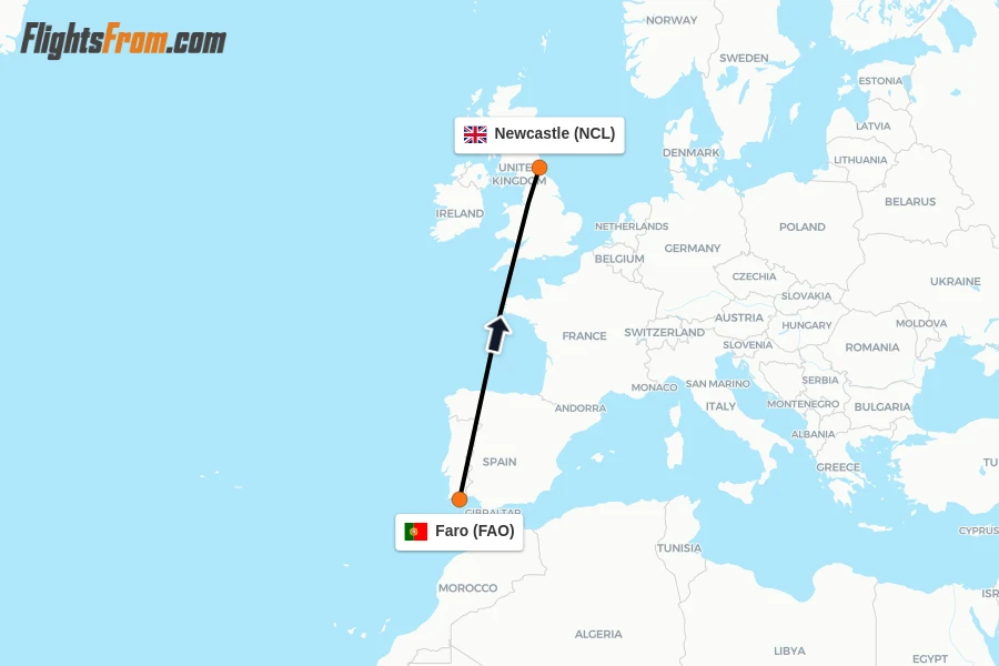 Flights from Faro to Newcastle route map