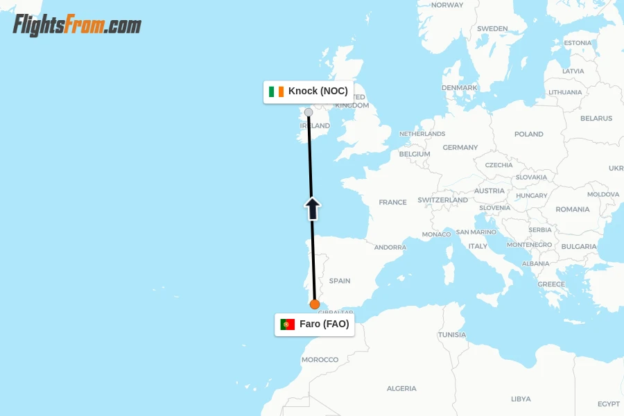 Flights from Faro to Knock route map