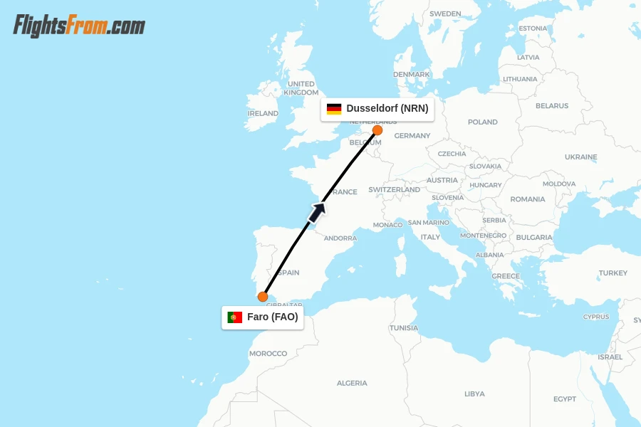 Flights from Faro to Dusseldorf route map