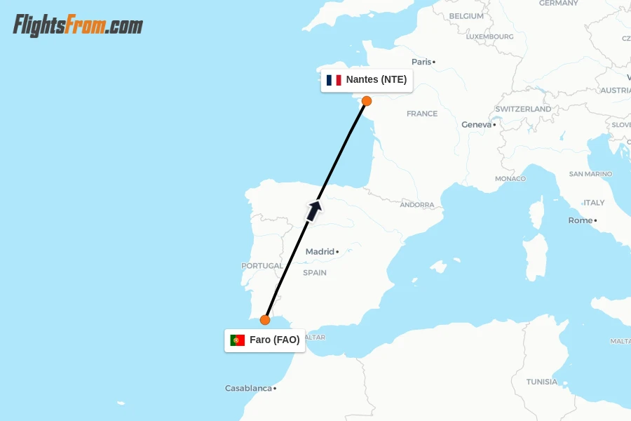 Flights from Faro to Nantes route map