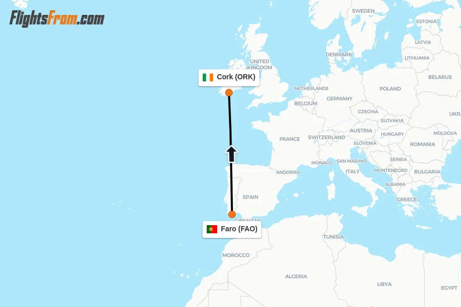 Flights from Faro to Cork route map