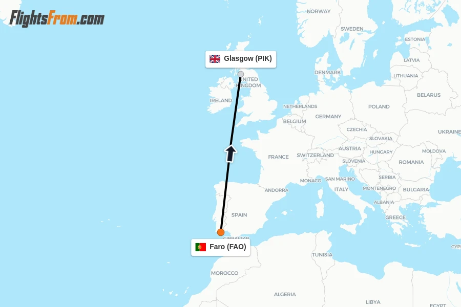 Flights from Faro to Glasgow route map