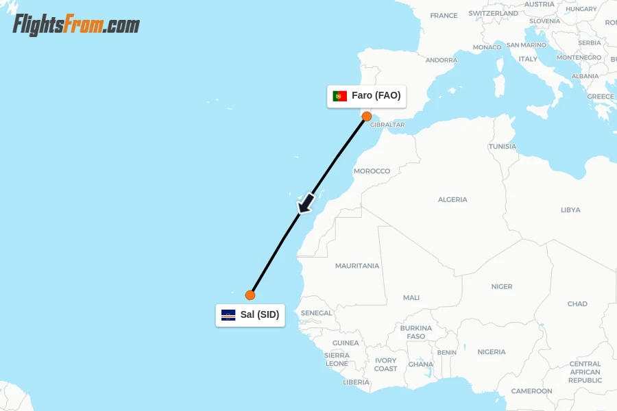 Flights from Faro to Sal route map