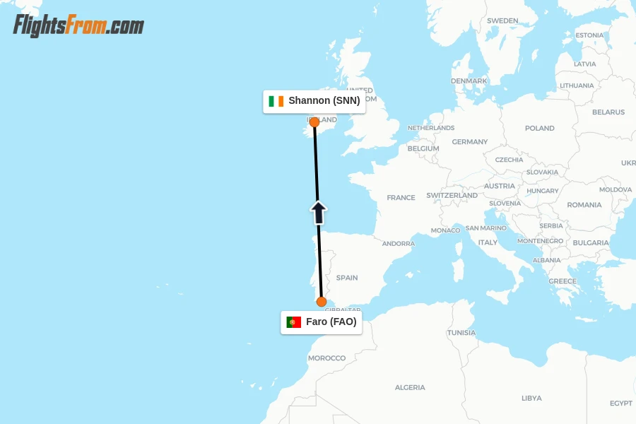Flights from Faro to Shannon route map