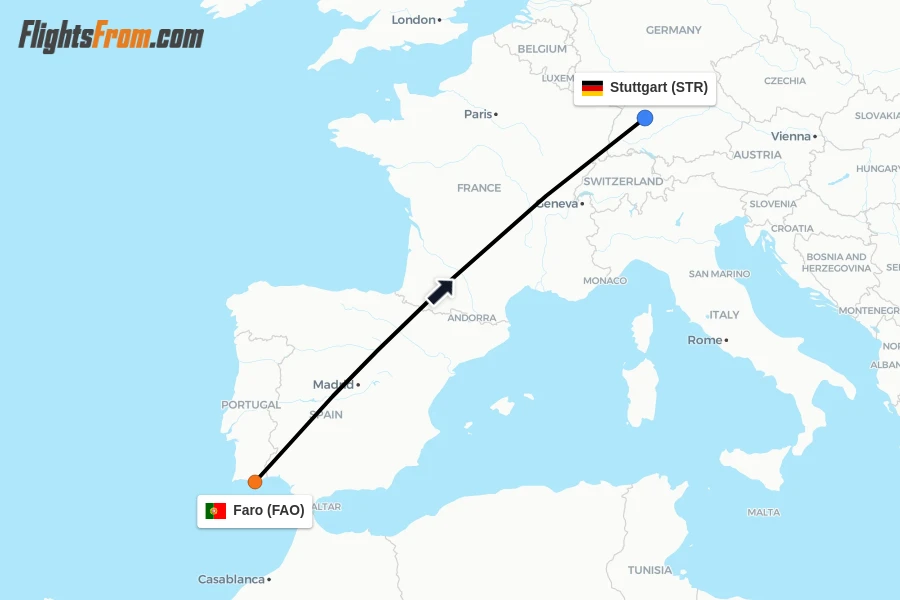 Flights from Faro to Stuttgart route map