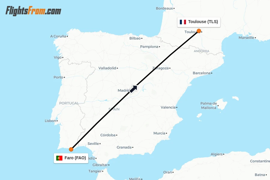 Flights from Faro to Toulouse route map