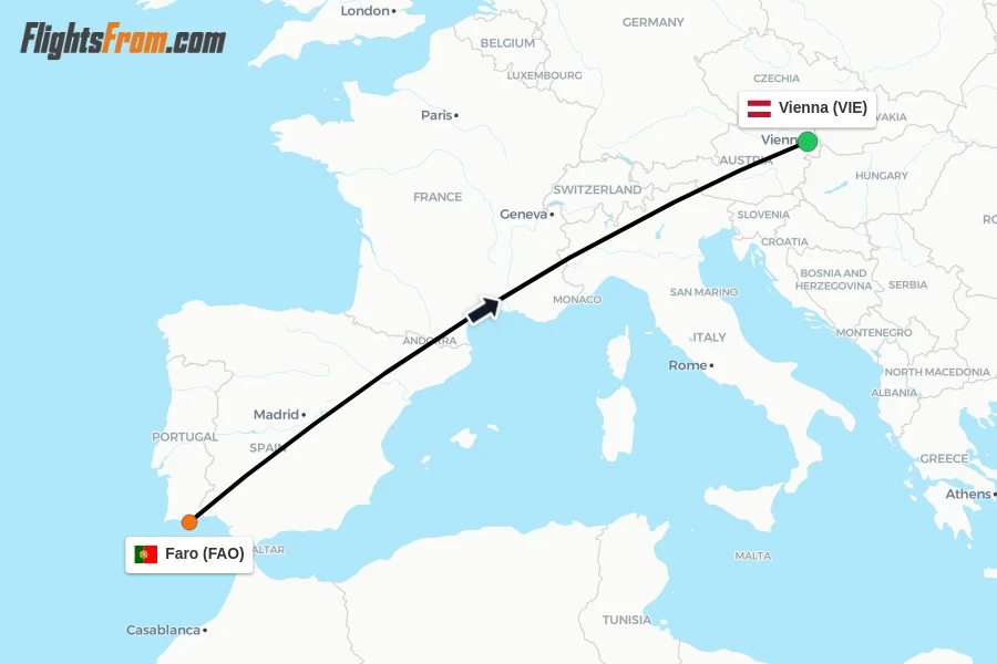 Flights from Faro to Vienna route map