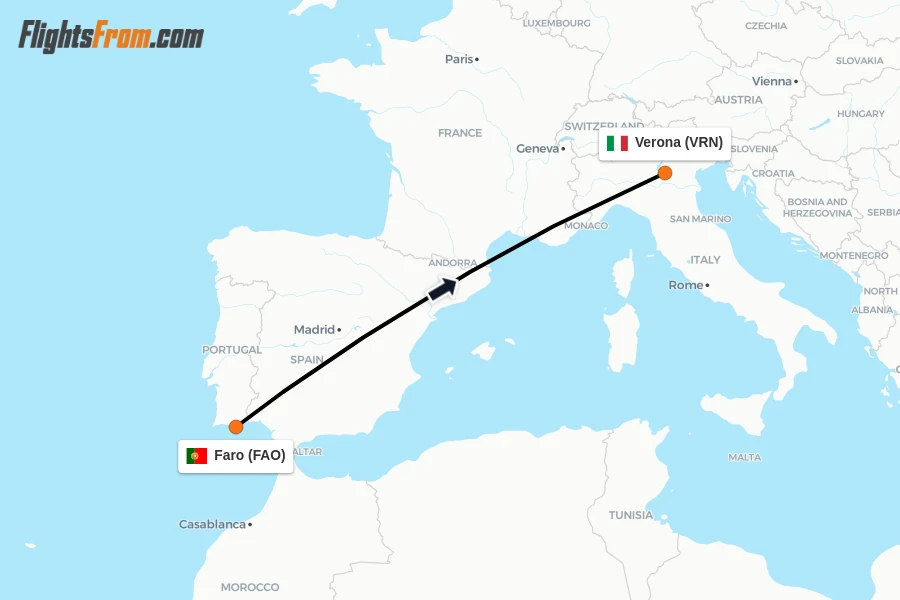 Flights from Faro to Verona route map