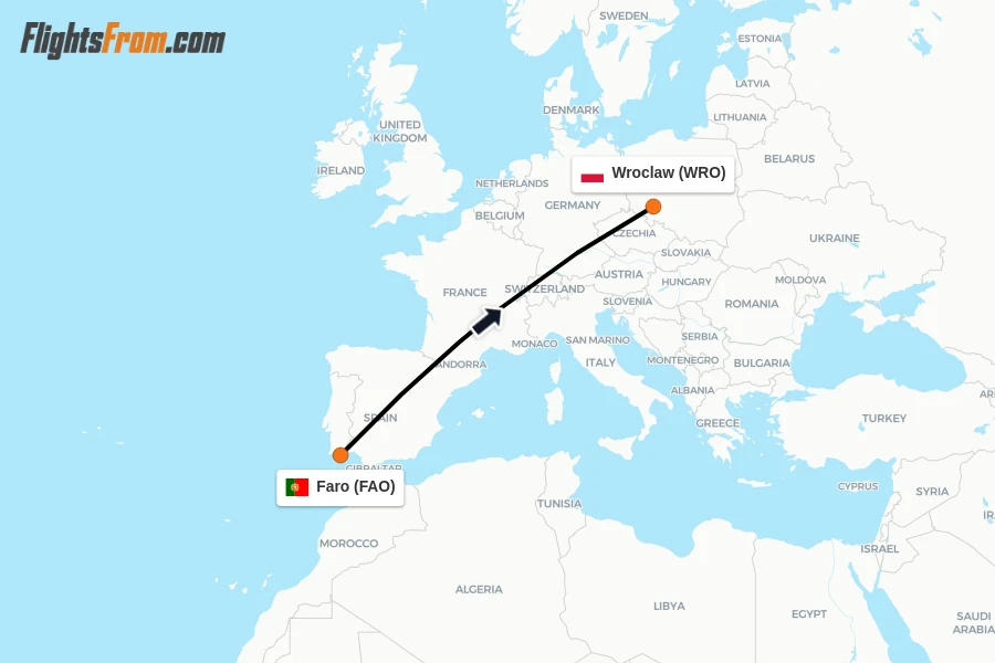 Flights from Faro to Wroclaw route map